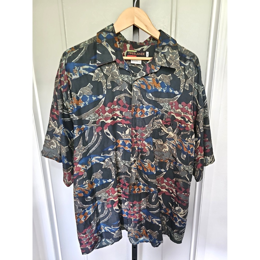 Freelance Men's XL 100% Silk Abstract Print Hawaiian Shirt
